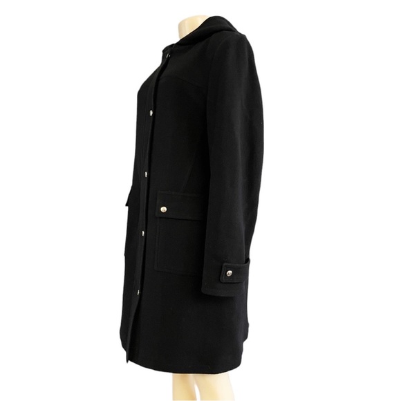 Michael Kors Black Wool Zip Snap Button Front Hooded Pocket Mid Knee Overcoat - Picture 2 of 11